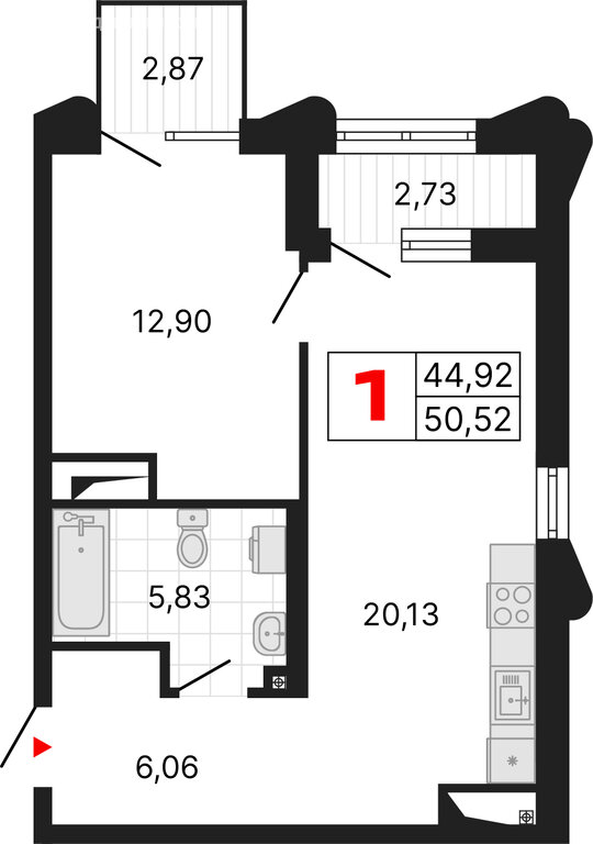 1-комнатная квартира: Екатеринбург, жилой район Втузгородок, ЖК Алиса (50.52 м²)