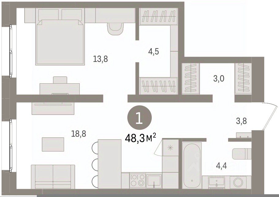 1-к кв. Свердловская область, Екатеринбург пер. Торфяной, 10 (48.3 м²)