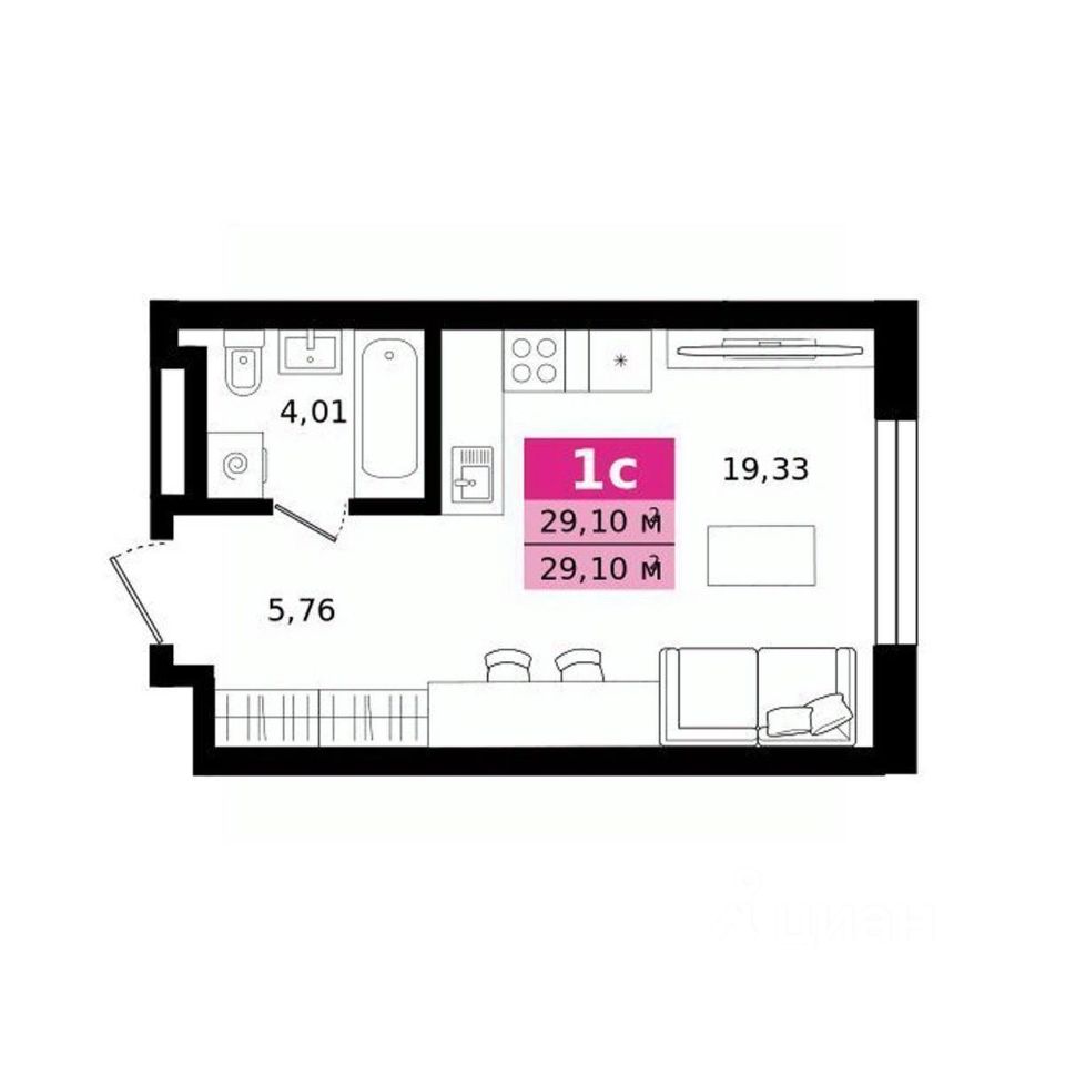 Студия Свердловская область, Екатеринбург ул. Монтерская (29.1 м²)