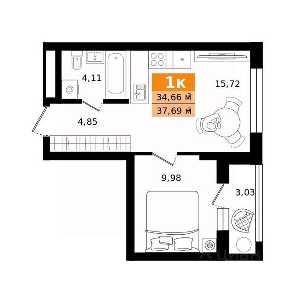 1-к кв. Свердловская область, Екатеринбург ул. Монтерская (37.69 м²)