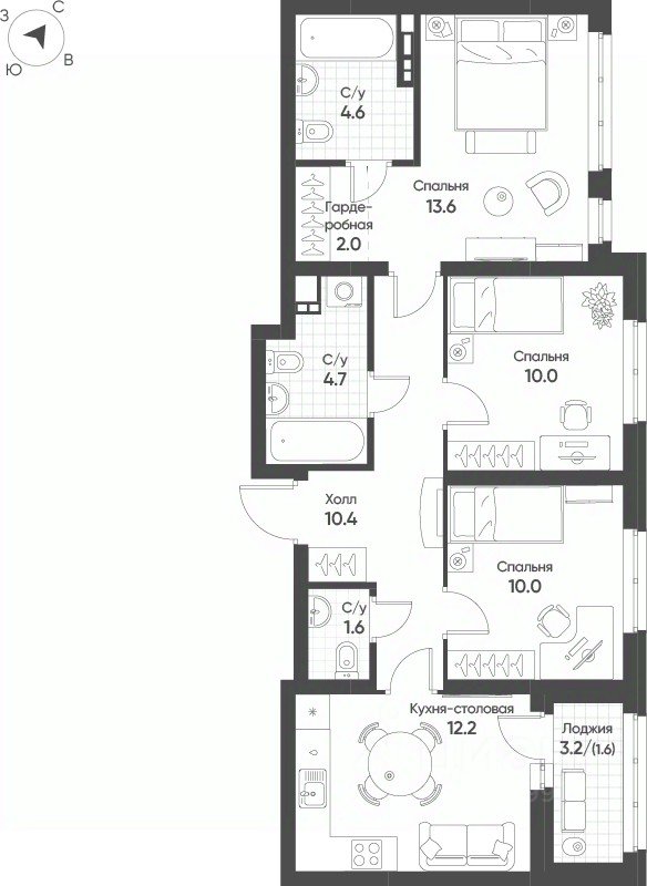 3-к кв. Свердловская область, Екатеринбург Солнечный жилрайон,  (70.7 м²)