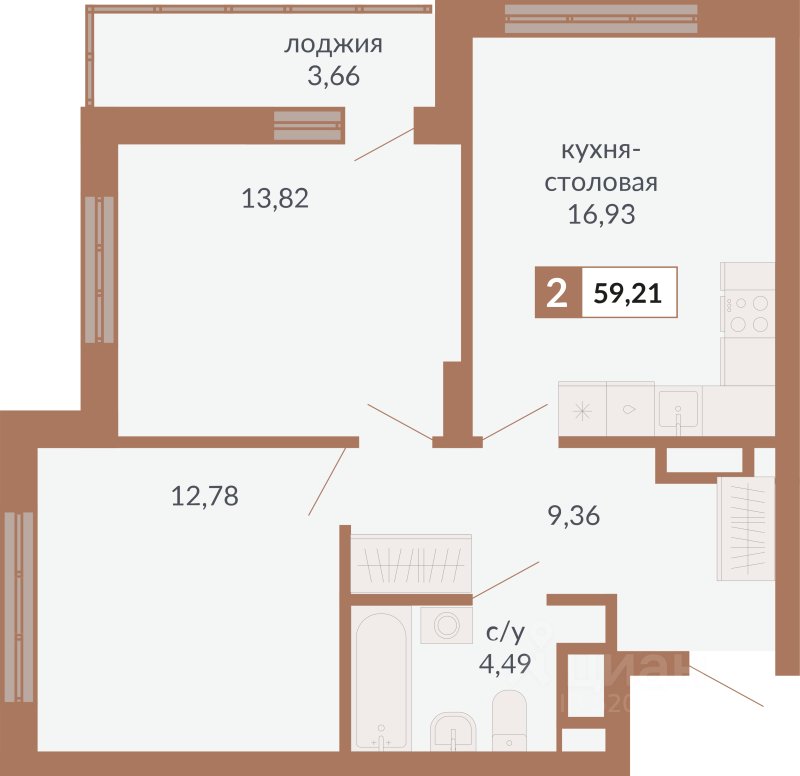 2-к кв. Свердловская область, Екатеринбург пер. Старателей (59.21 м²)
