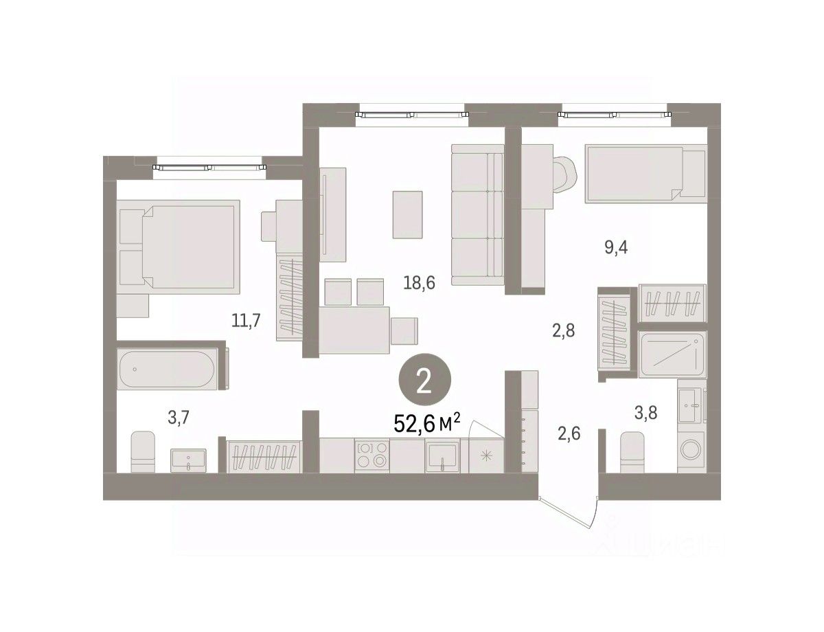 2-к кв. Свердловская область, Екатеринбург пер. Торфяной, 10 (52.6 м²)