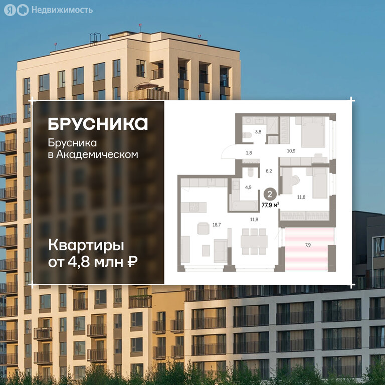 2-комнатная квартира: Екатеринбург, микрорайон Академический, 19-й квартал, ЖК Брусника в Академическом (77.92 м²)