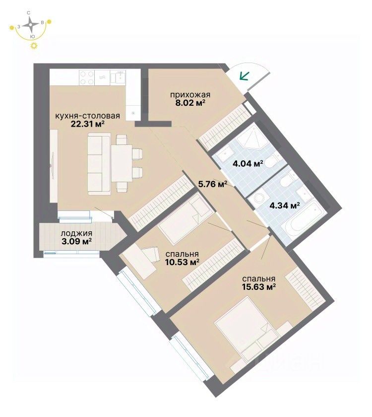 2-к кв. Свердловская область, Екатеринбург ул. Вилонова (73.72 м²)