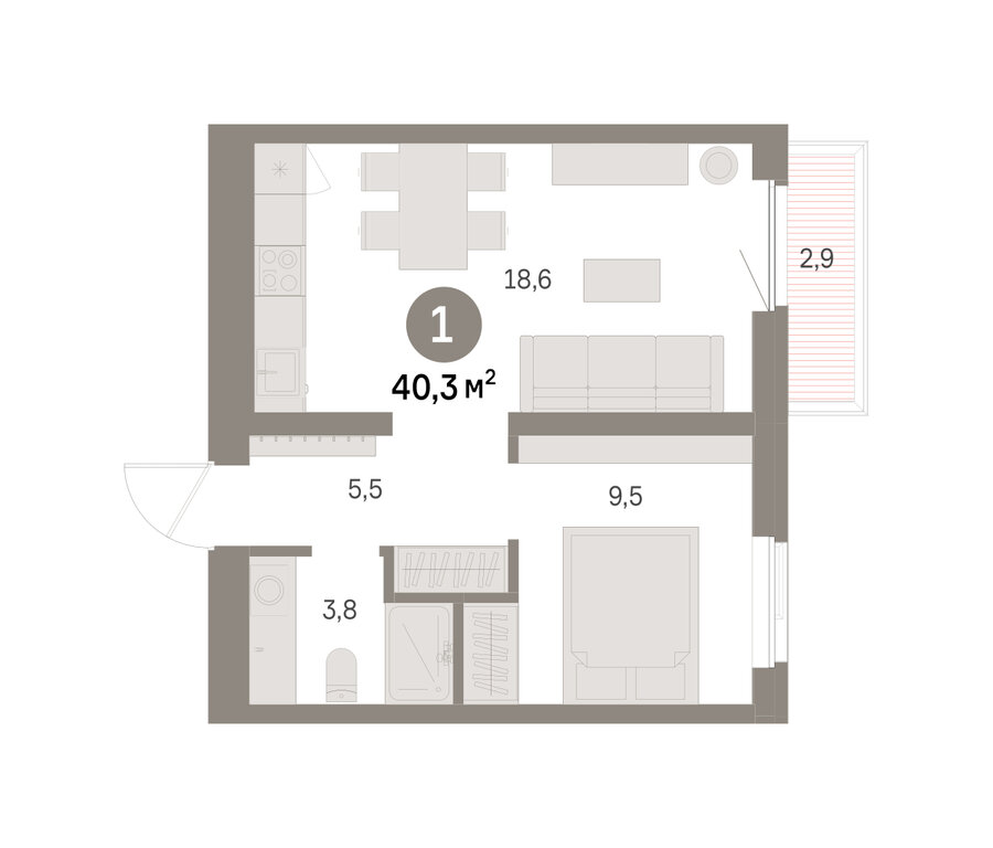 1-комнатная квартира: Екатеринбург, Благодатская улица, 15 (40.25 м²)