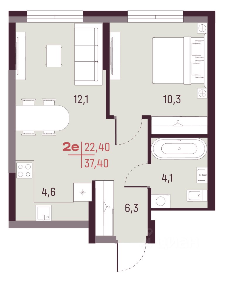 2-к кв. Свердловская область, Екатеринбург ул. Академика Ландау, 13 (37.4 м²)