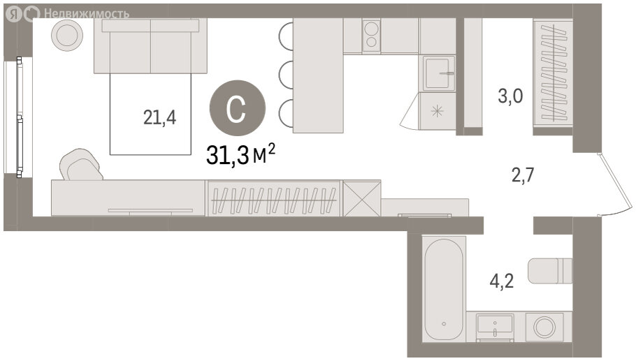 Квартира-студия: Екатеринбург, Торфяной переулок, 10 (31.3 м²)