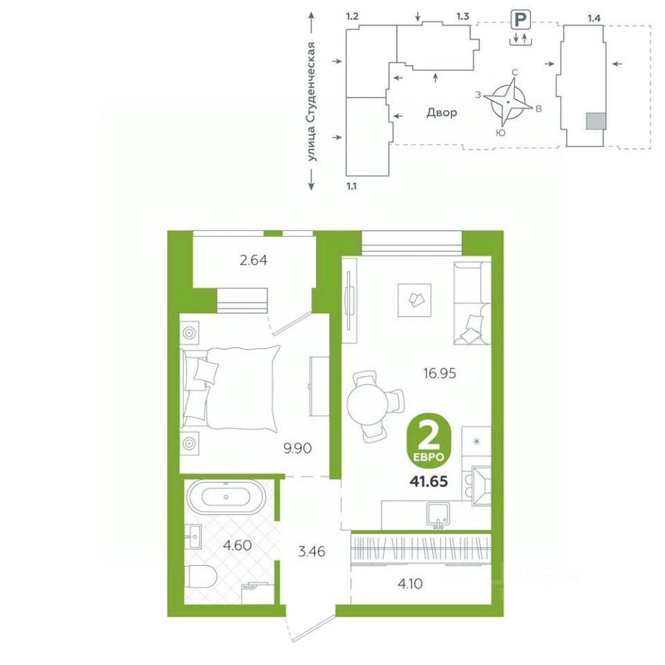 1-к кв. Свердловская область, Екатеринбург ул. Студенческая, 1А (41.65 м²)