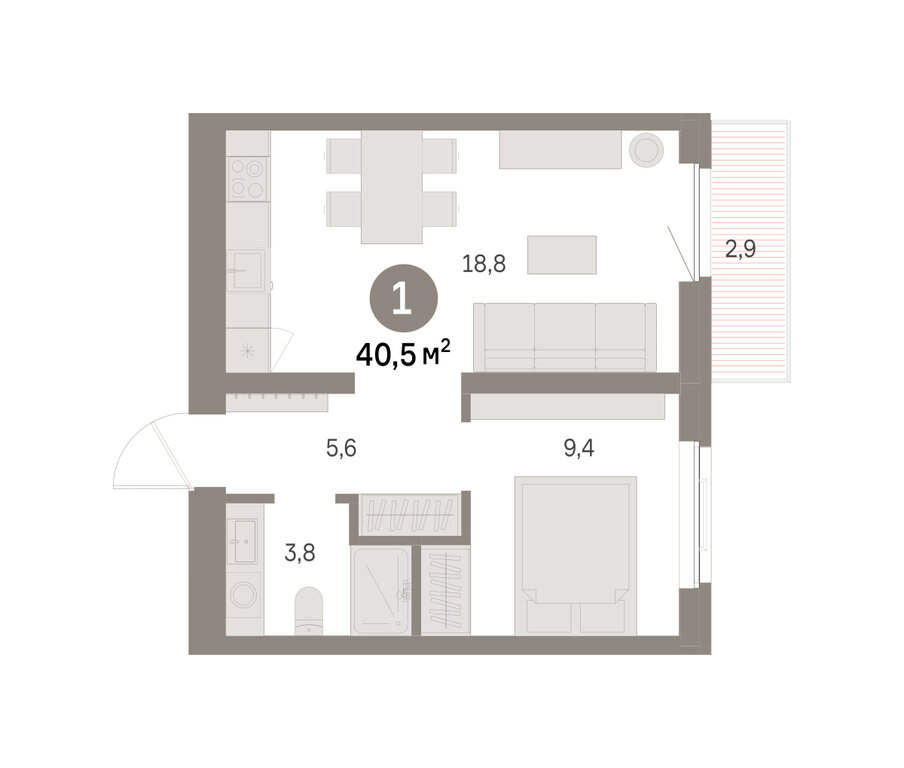 1-комнатная квартира: Екатеринбург, Благодатская улица, 15 (40.48 м²)