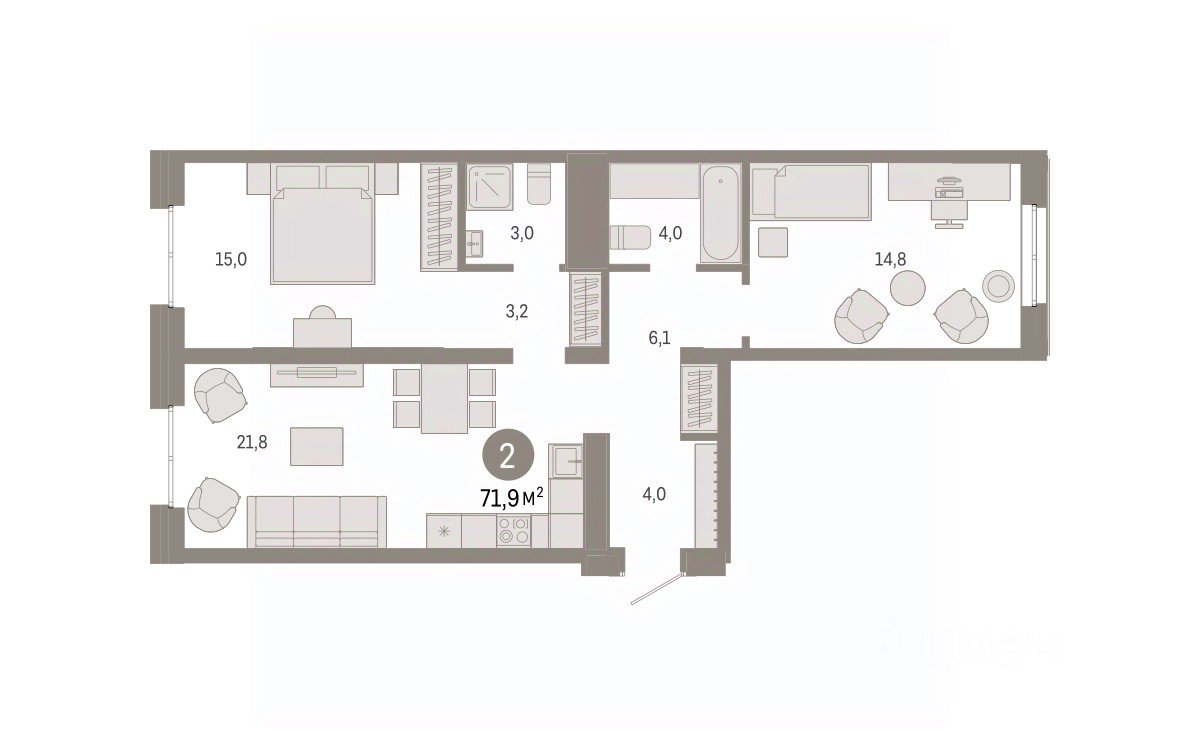 2-к кв. Свердловская область, Екатеринбург ул. Шаумяна, 20 (71.8 м²)