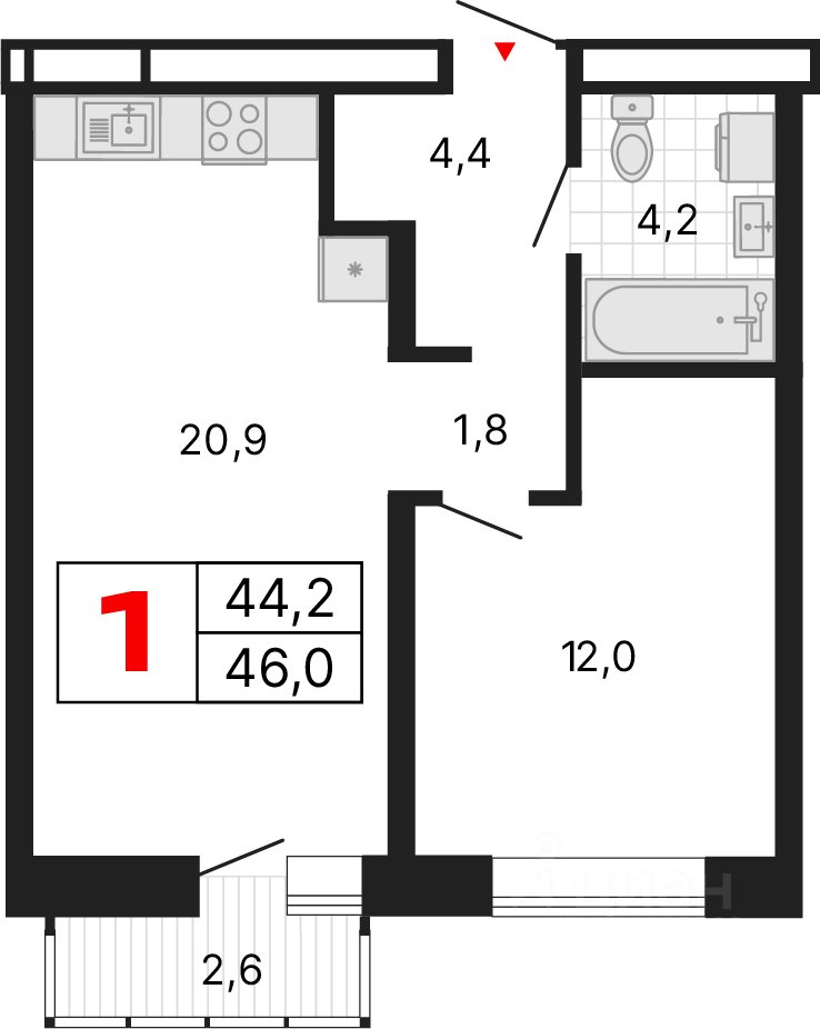 1-к кв. Свердловская область, Екатеринбург ул. Обувщиков (46.02 м²)