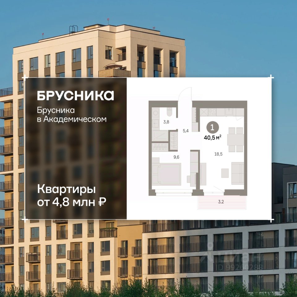1-к кв. Свердловская область, Екатеринбург Академический мкр, 19-й кв-л, Брусника в Академическом жилой комплекс (40.53 м²)