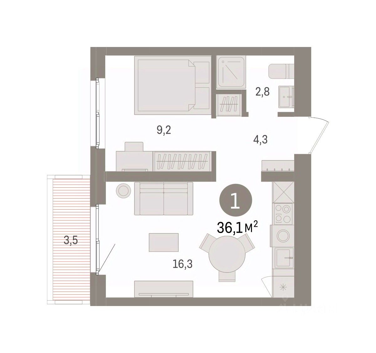 1-к кв. Свердловская область, Екатеринбург пер. Торфяной, 10 (36.1 м²)