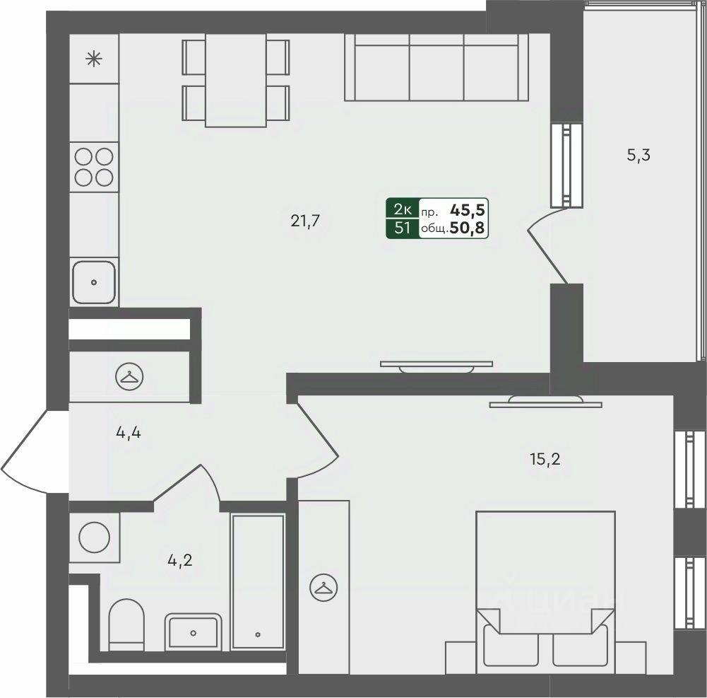 1-к кв. Свердловская область, Екатеринбург ул. Абрикосовая, 60/2 (50.8 м²)