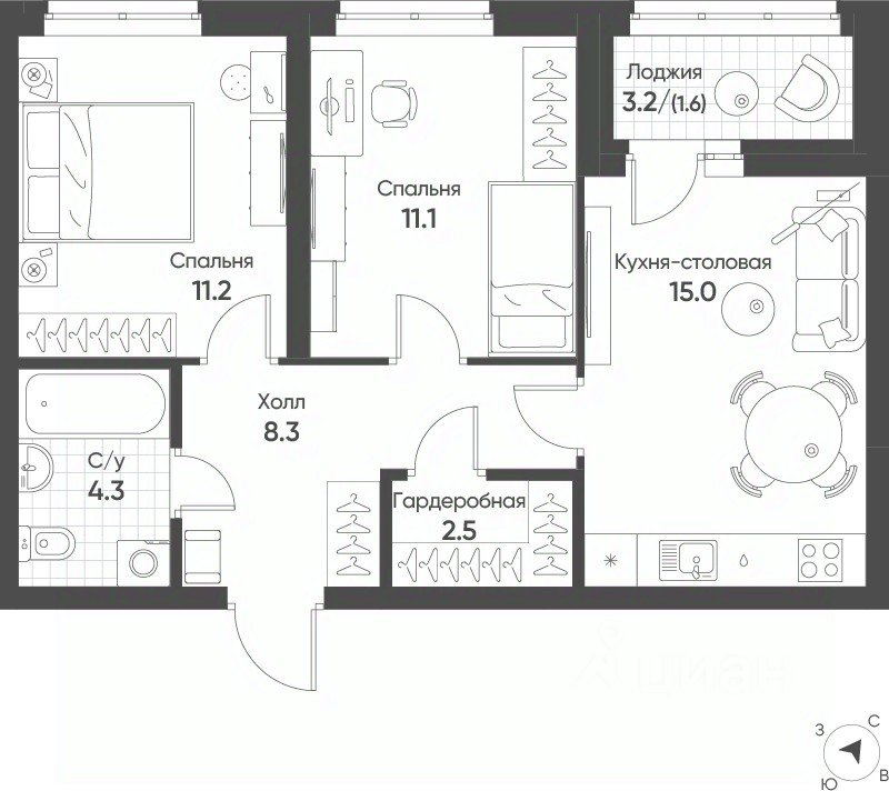 2-к кв. Свердловская область, Екатеринбург Солнечный жилрайон,  (54.0 м²)