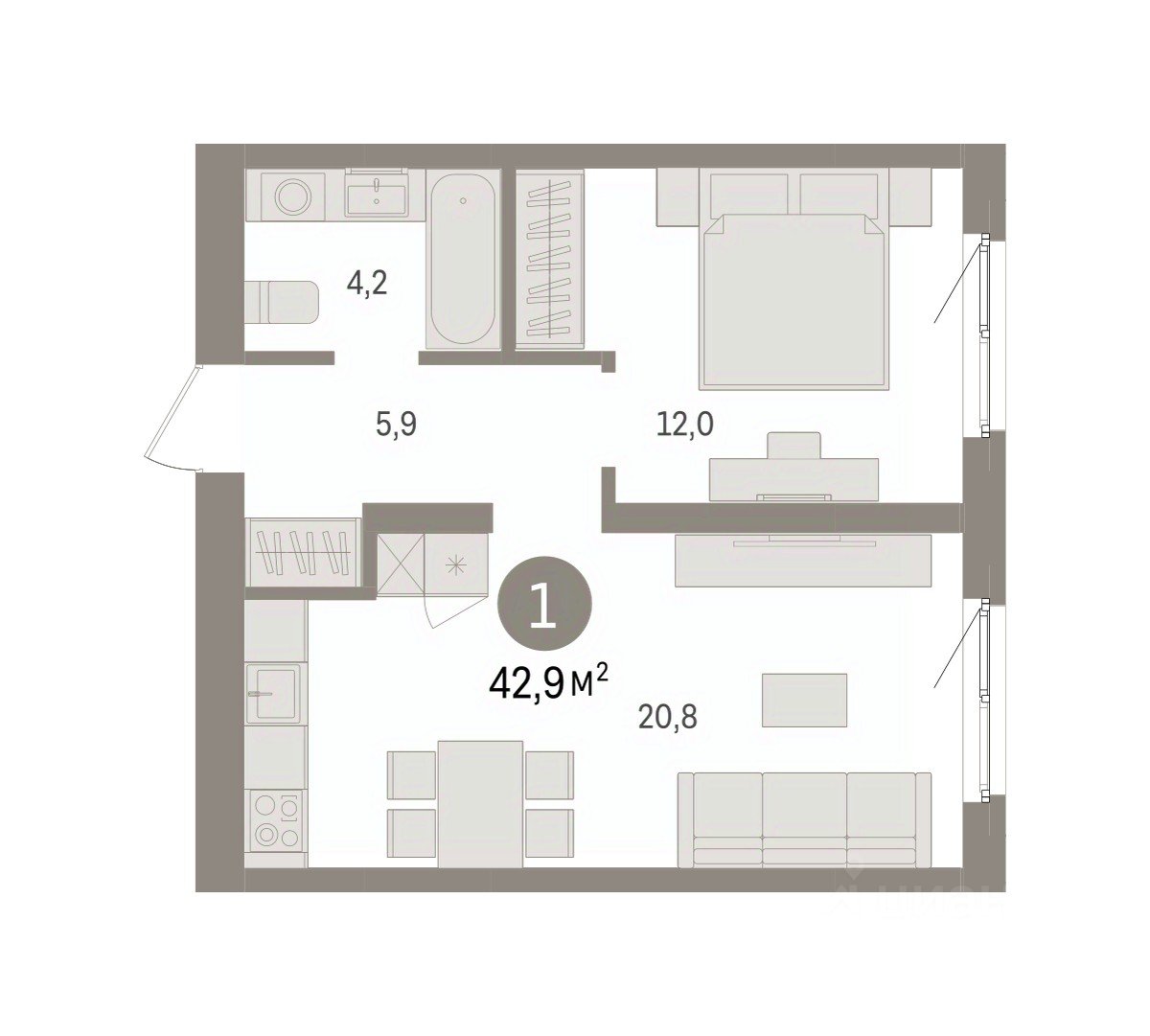 1-к кв. Свердловская область, Екатеринбург пер. Торфяной, 10 (42.9 м²)