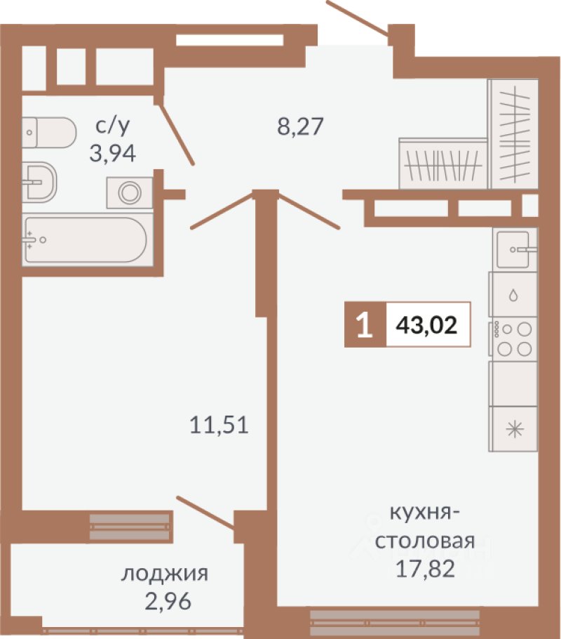 1-к кв. Свердловская область, Екатеринбург пер. Старателей (43.02 м²)
